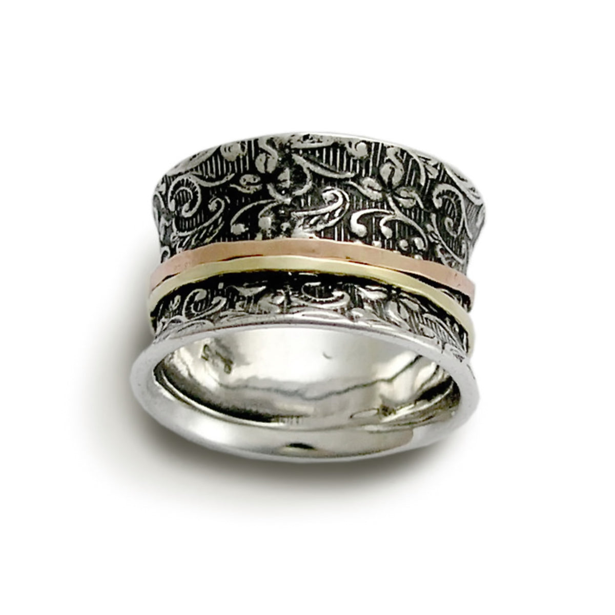 R1209A Rose and Yellow gold floral spinner ring