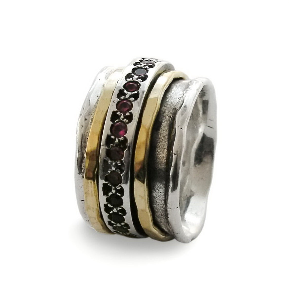 R1075L-2 Two Tone Rustic Ring with Garnet