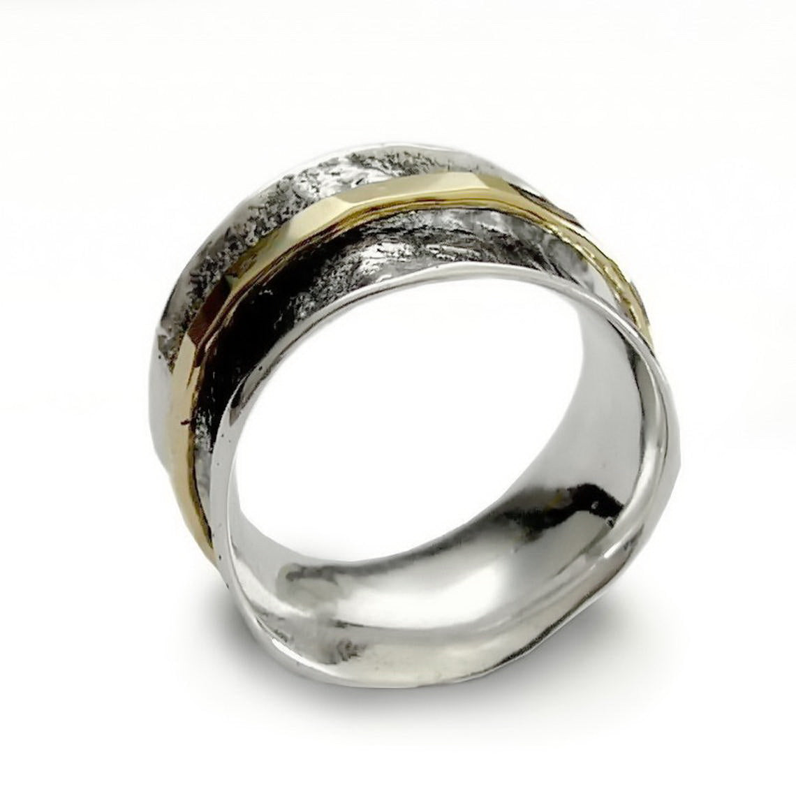 R1076D Rustic Silver band with gold spinner