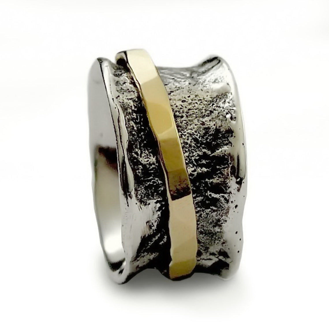 R1076D Rustic Silver band with gold spinner