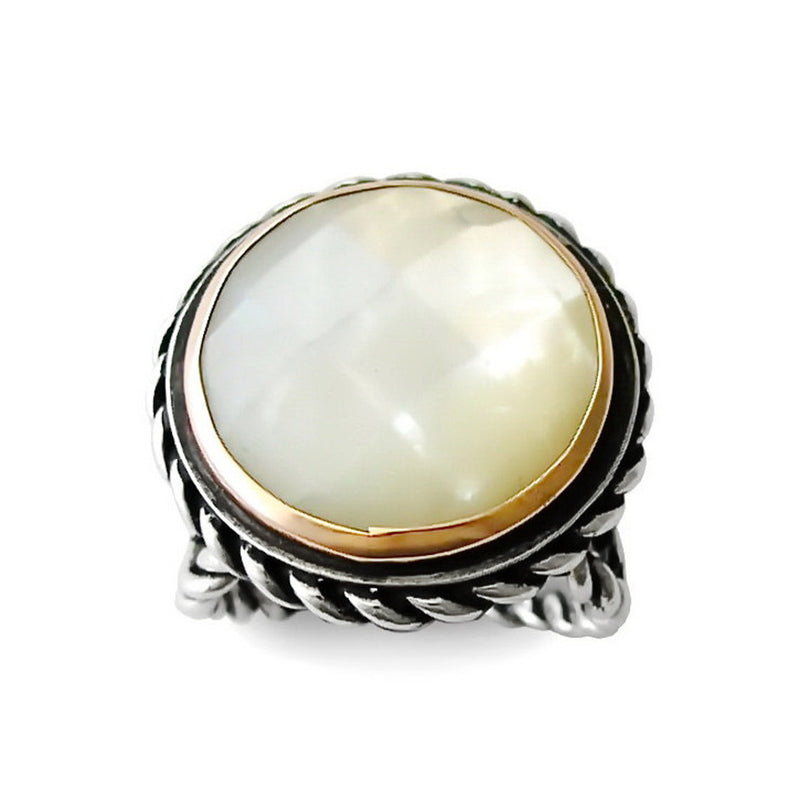 R1561 Mother of Pearl Gold and Silver rope ring