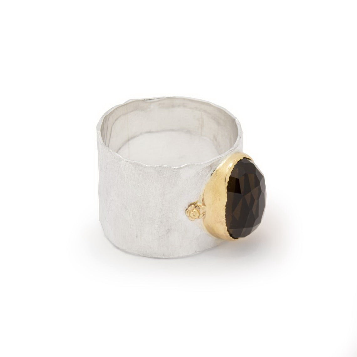 R1026P-1 Matte Silver and Smokey Quartz Wide ring