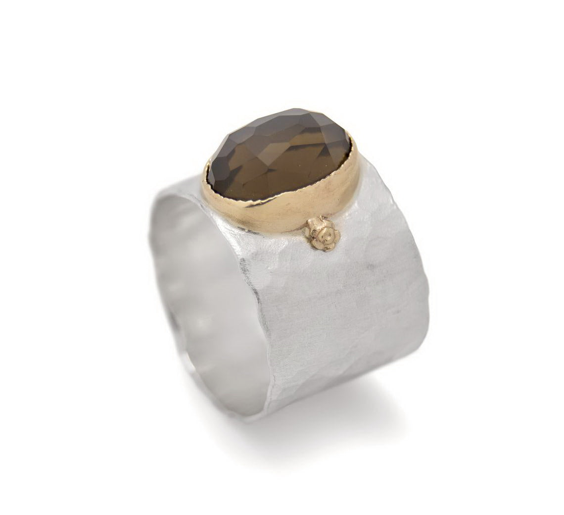 R1026P-1 Matte Silver and Smokey Quartz Wide ring