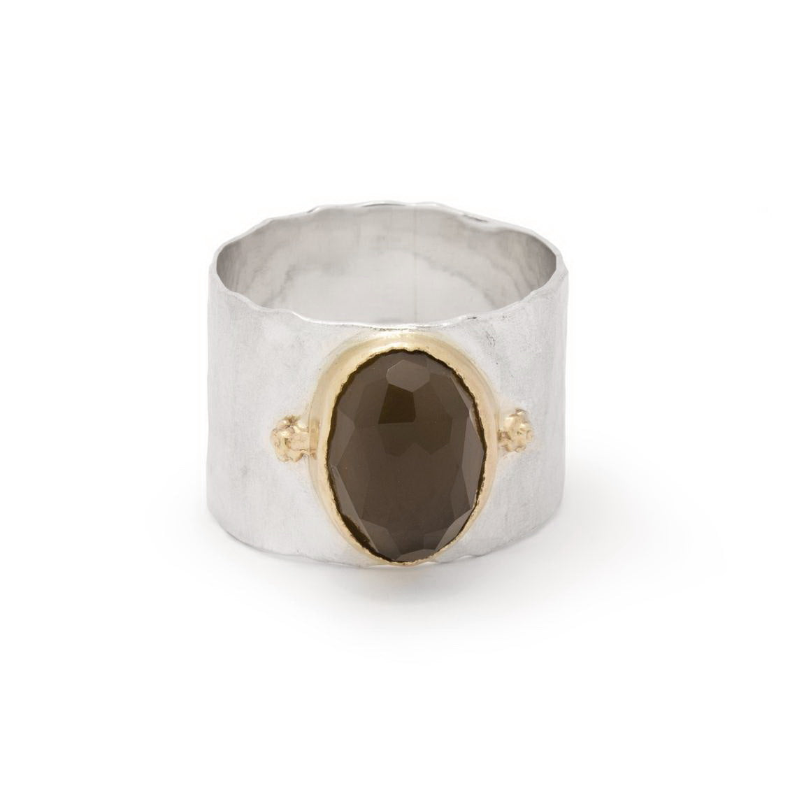 R1026P-1 Matte Silver and Smokey Quartz Wide ring