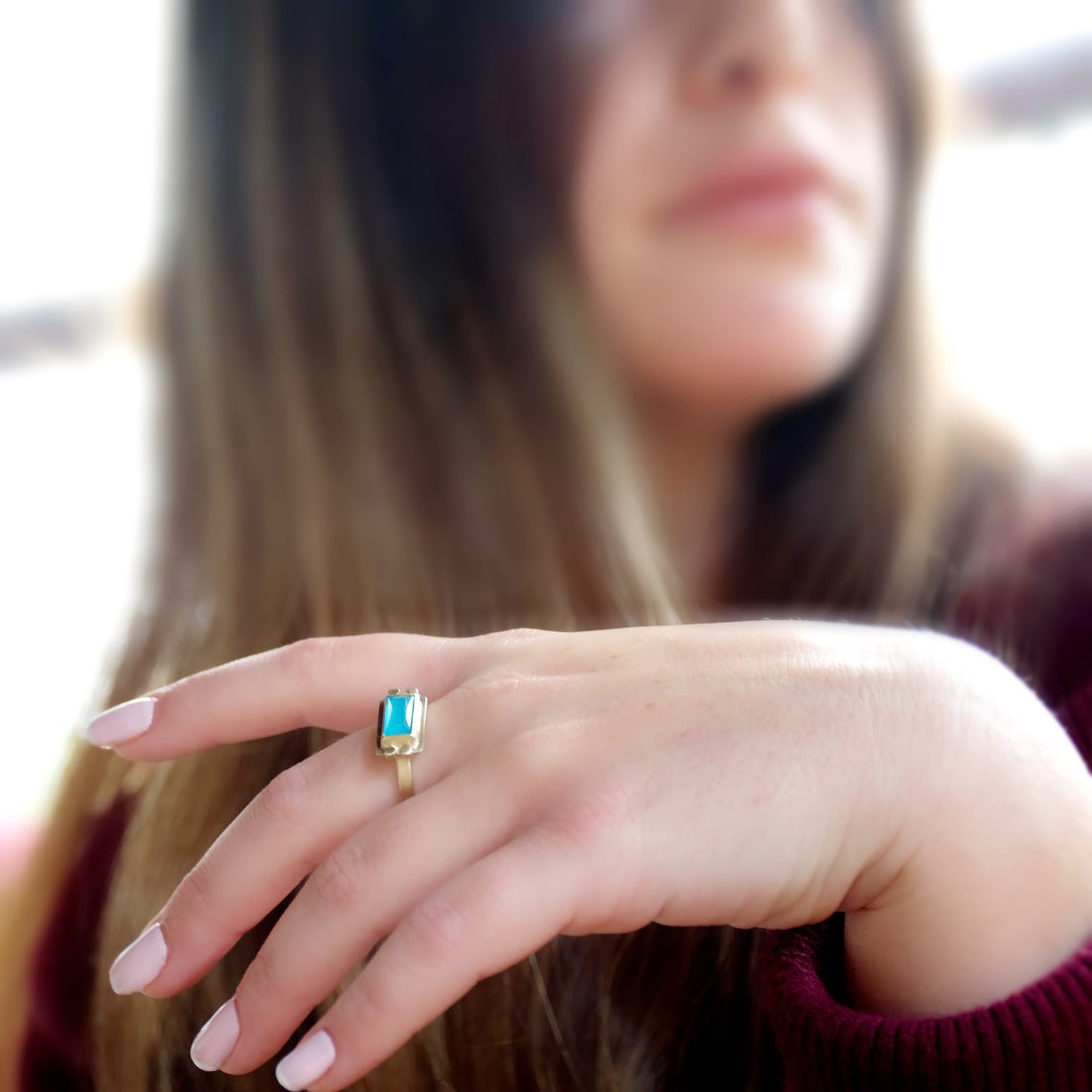 RG1871 Square Matte Gold Ring with Ocean Blue Quartz