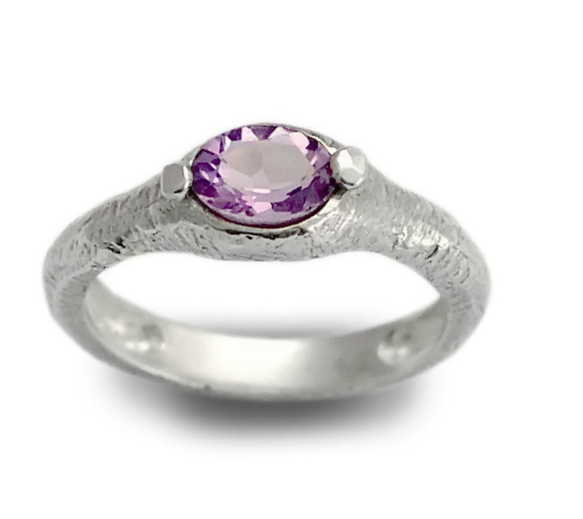 R1481A Oval Amethyst textured silver ring