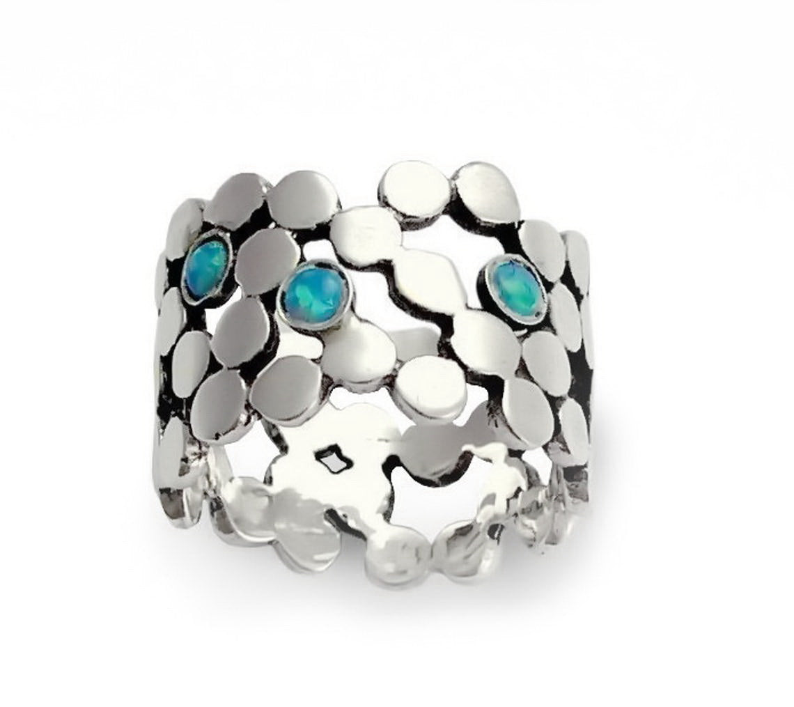 R1529 Dotted wide silver band with Opals