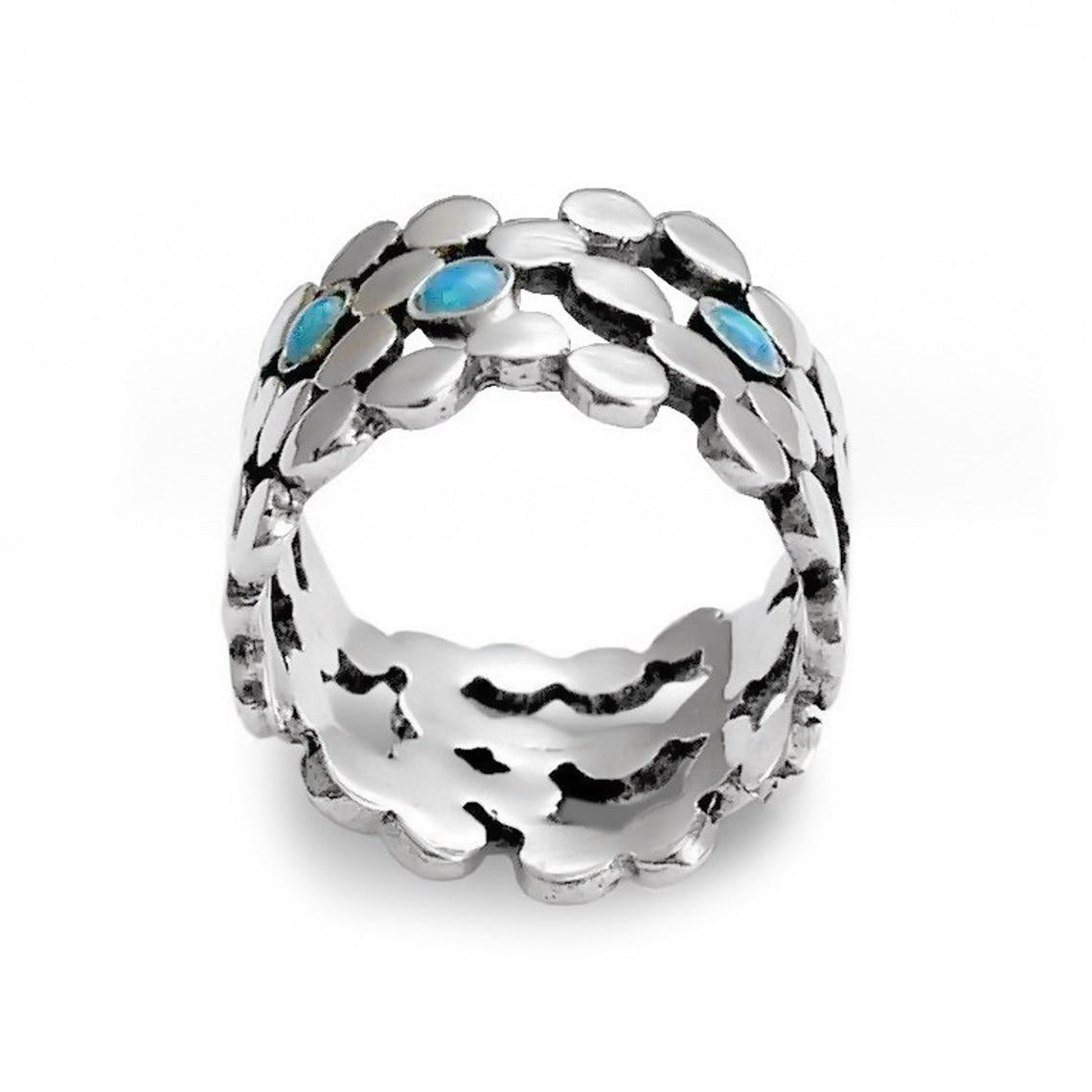 R1529 Dotted wide silver band with Opals