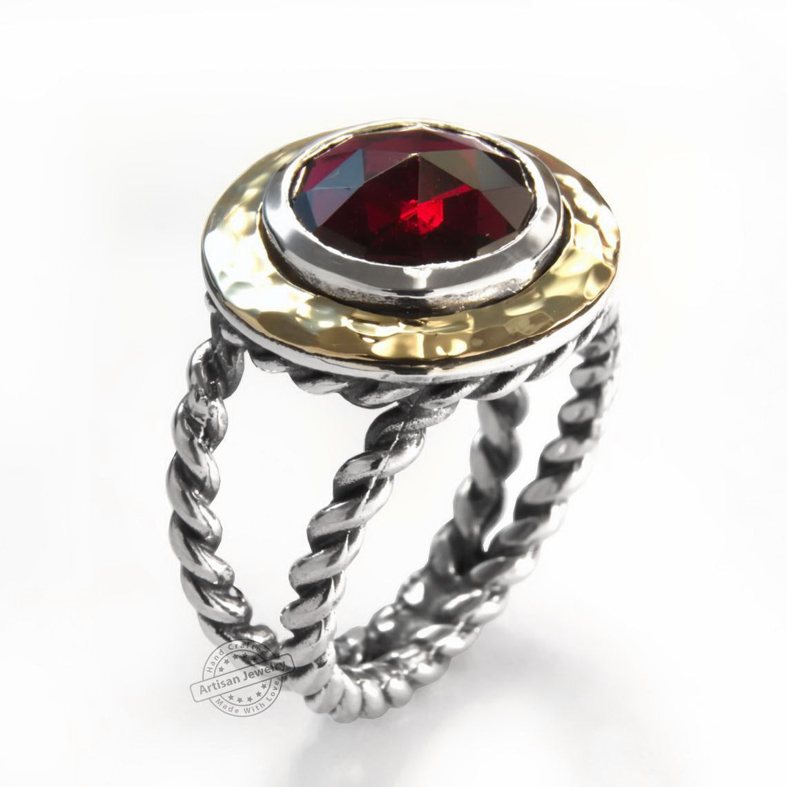 R1549 Gold and Silver rope ring with large Garnet