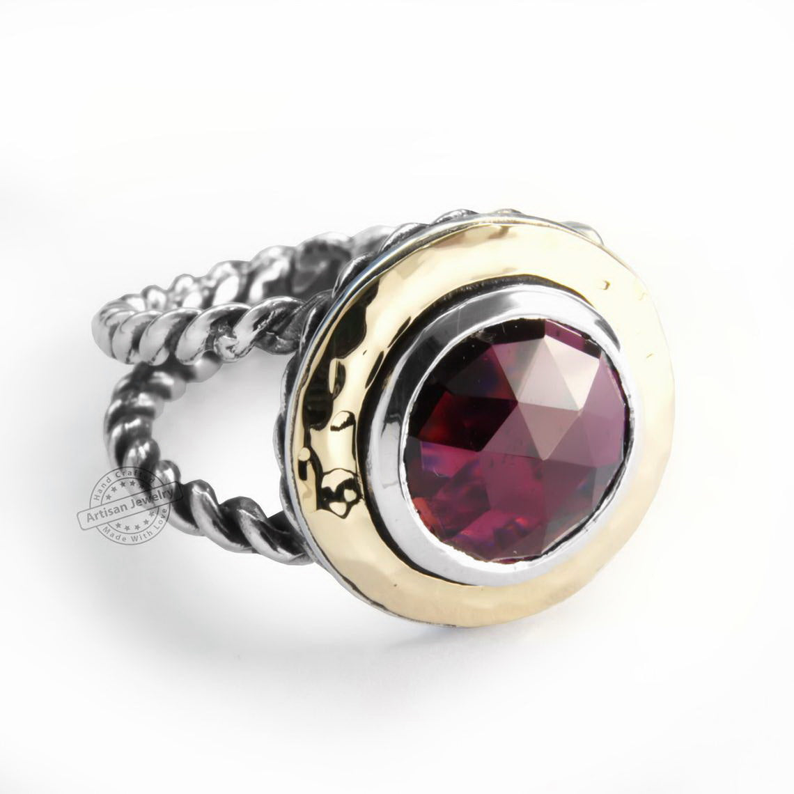 R1549 Gold and Silver rope ring with large Garnet