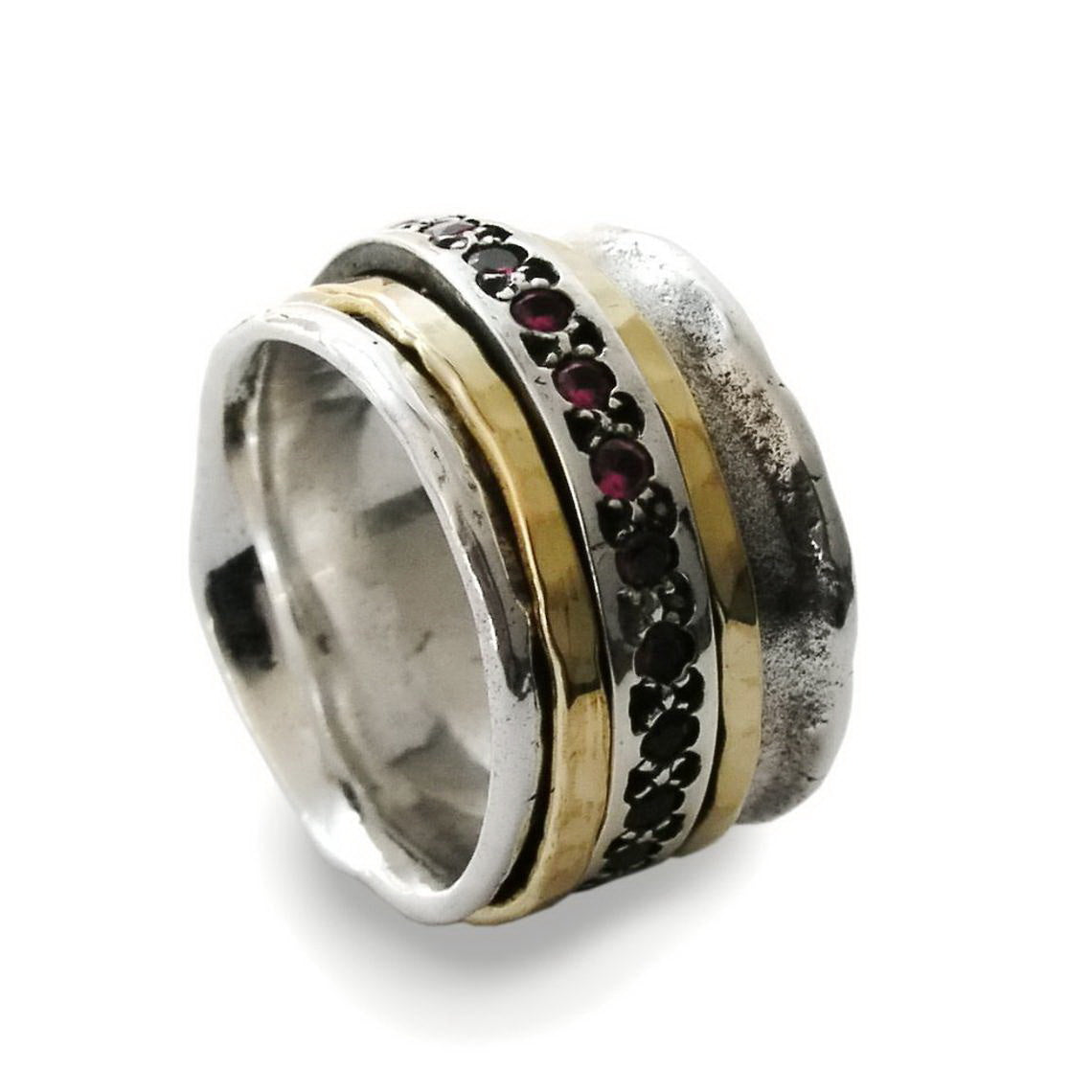 R1075L-2 Two Tone Rustic Ring with Garnet