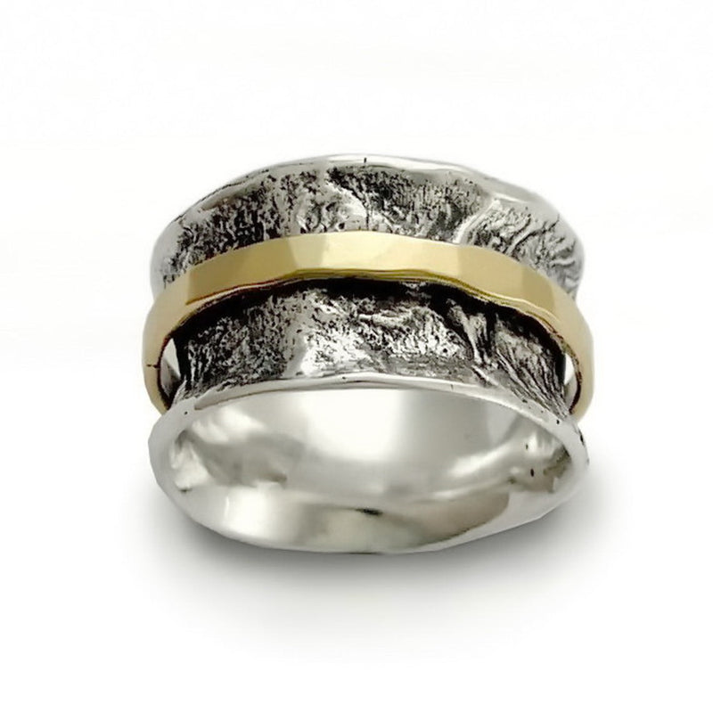 R1076D Rustic Silver band with gold spinner