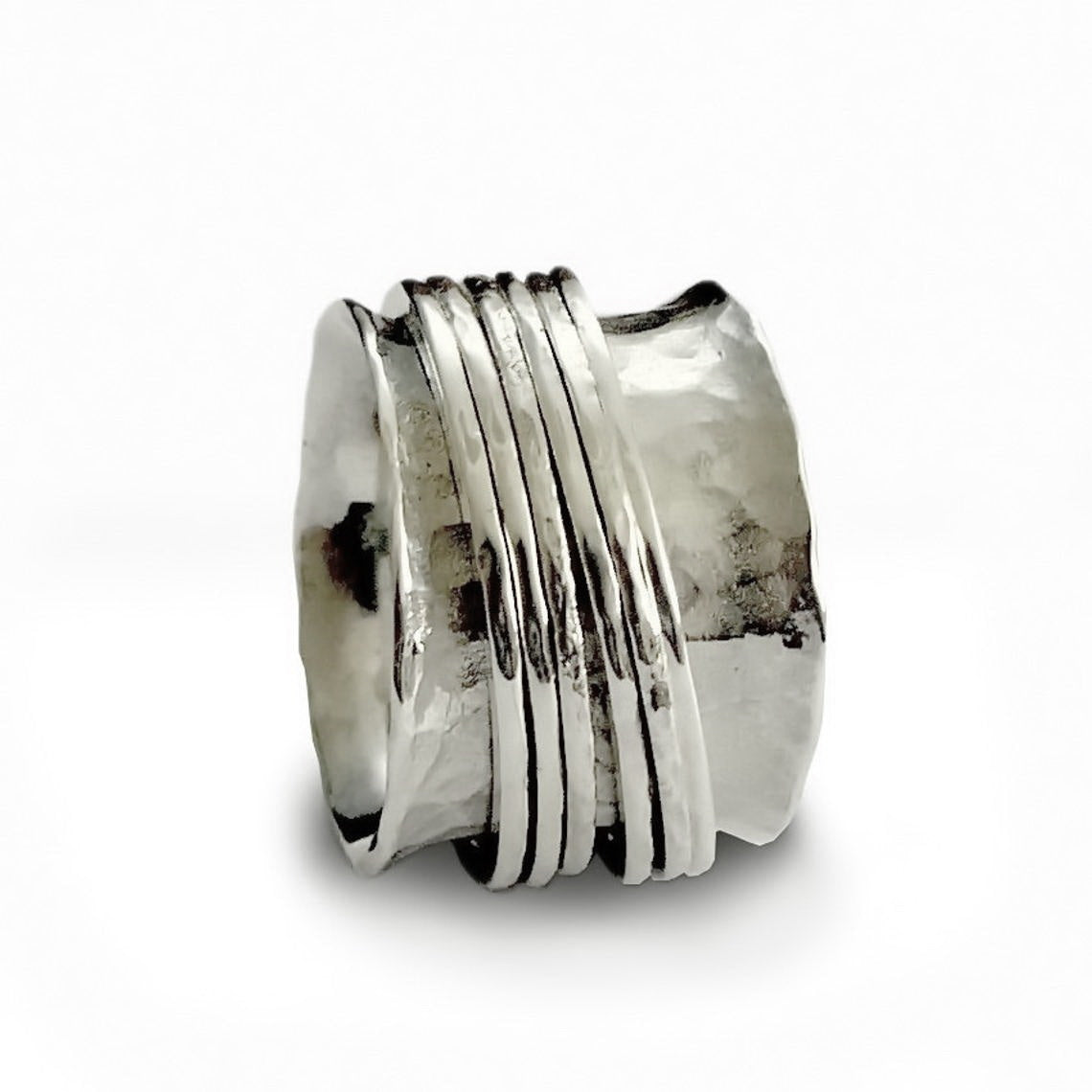 R1026Q Hammered Silver multi spinners ring