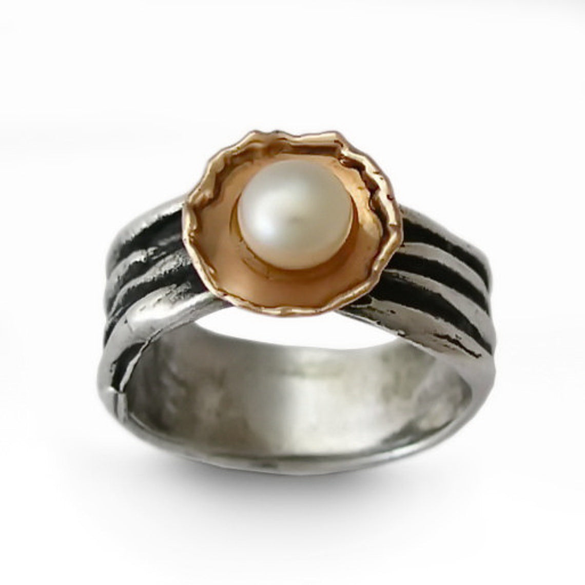 R1344G Organic Two Tone Ring with Freshwater Pearl