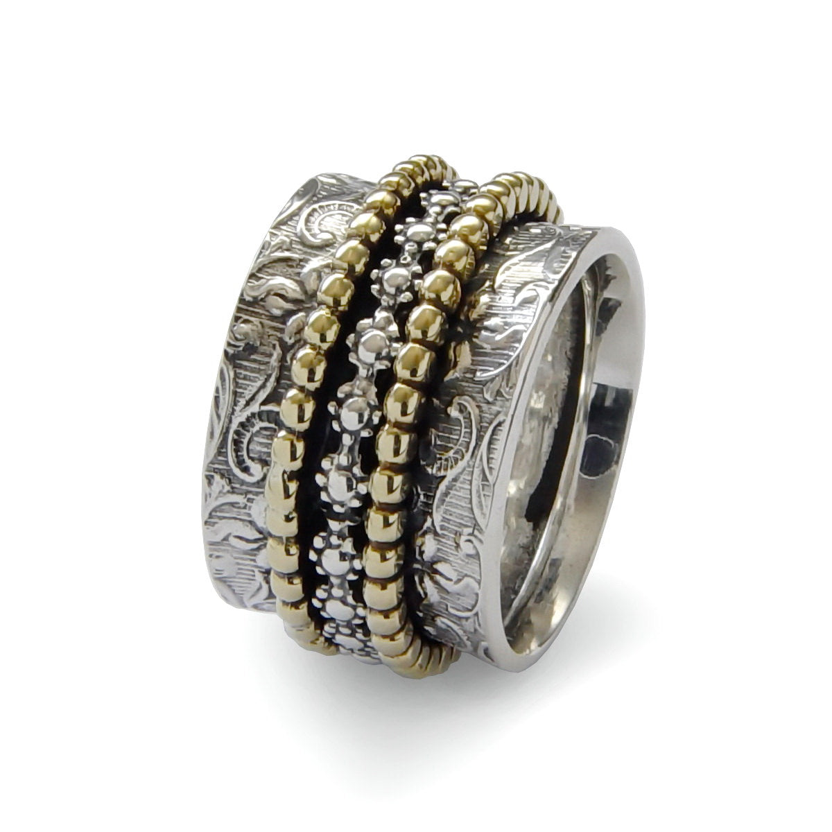 R1209J Spinner Ring with Textured Floral and Dotted Design