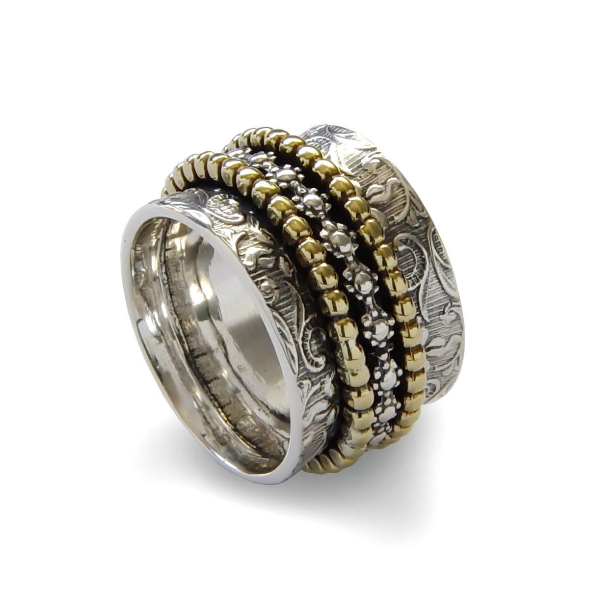 R1209J Spinner Ring with Textured Floral and Dotted Design