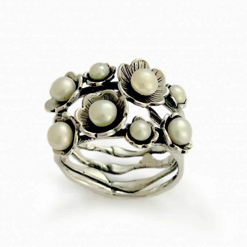 R1700 Flowers silver band with Pearls and Opal