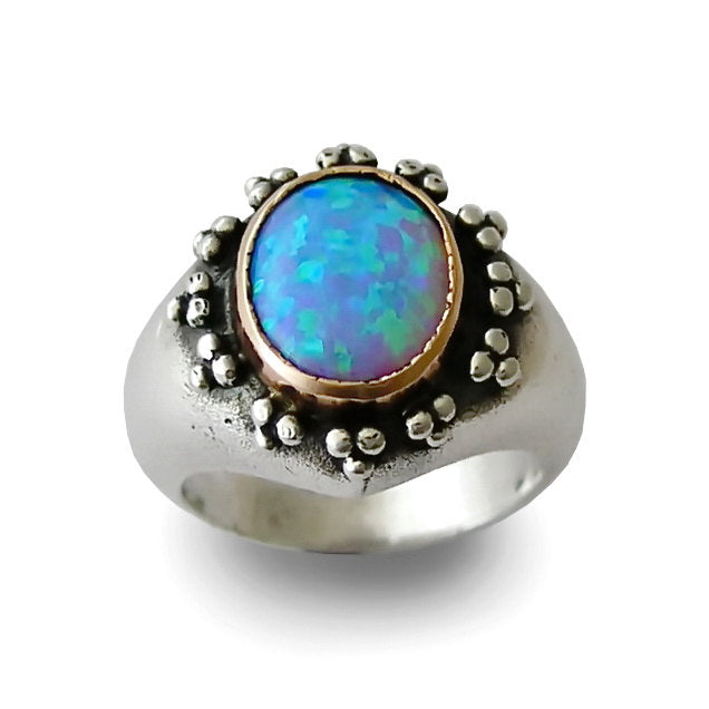 R0929P Opal silver chunky ring with gold bezel