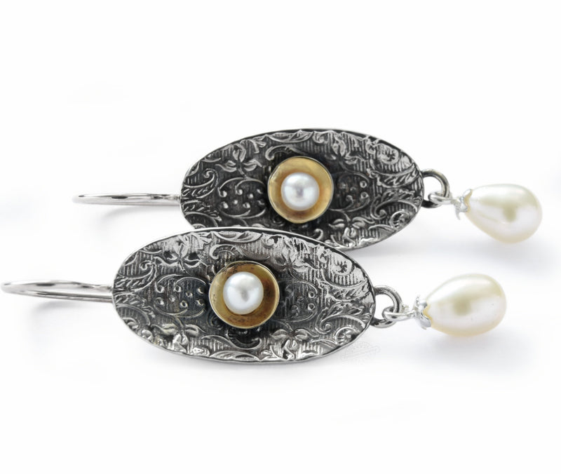 E2104G Floral oval silver earrings with pearl