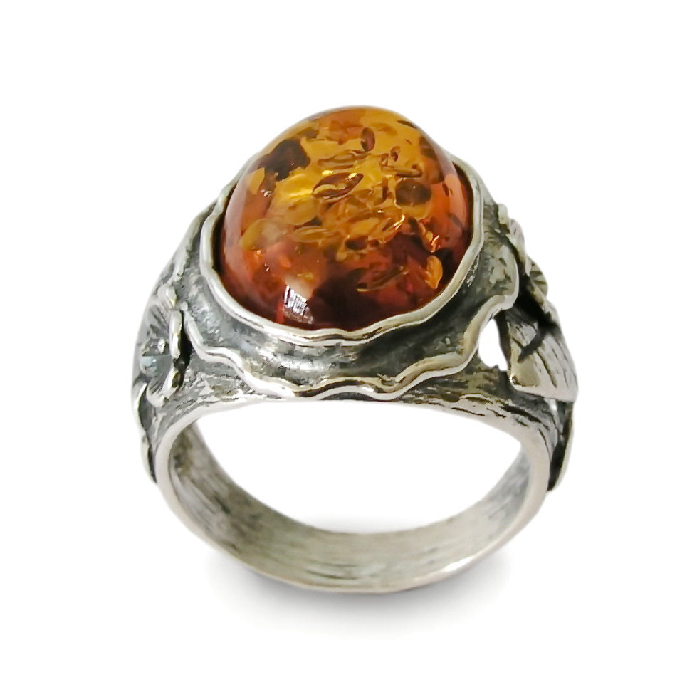 R1771-1 Amber silver flowers ring