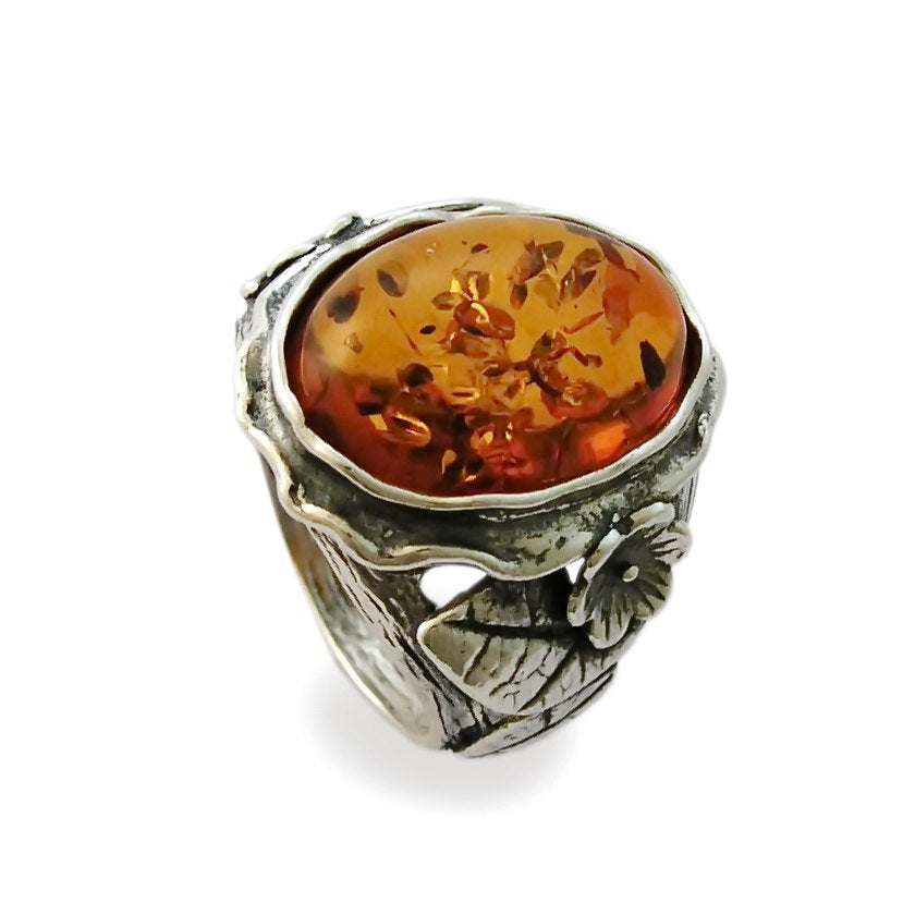 R1771-1 Amber silver flowers ring