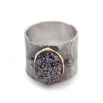 R1367A Hammered silver and Druzy wide ring