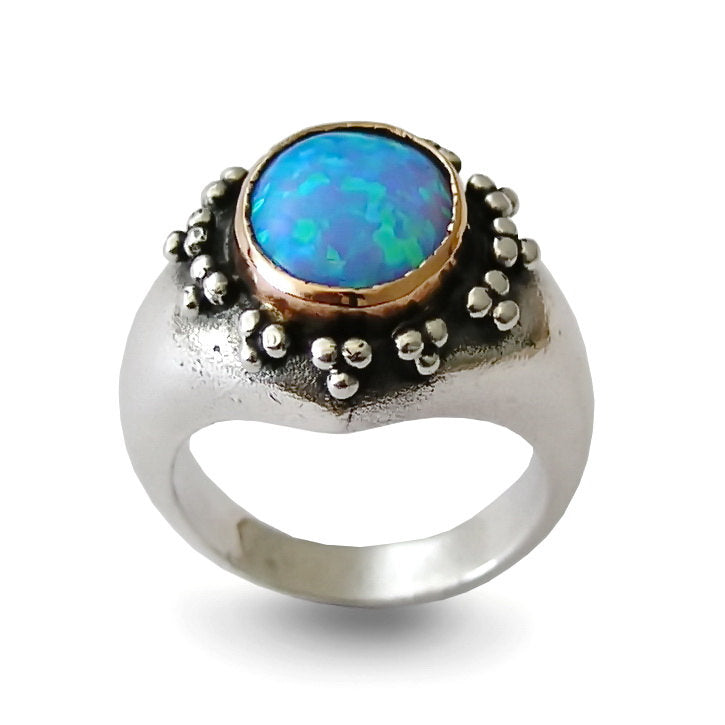 R0929P Opal silver chunky ring with gold bezel