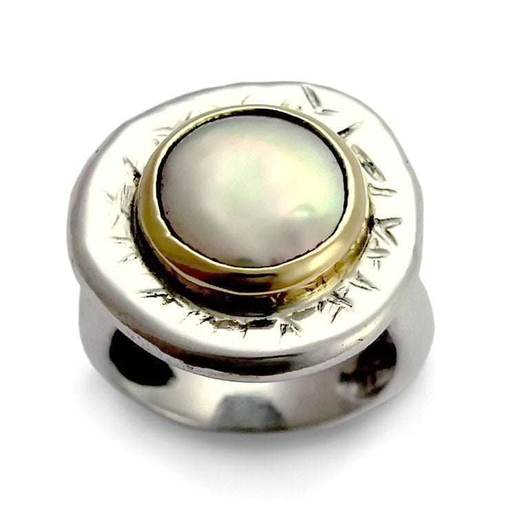 R1084FC Chunky silver and gold pearl ring