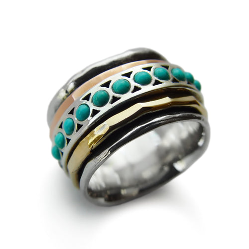 R1075L-1 Two tone Turquoise Bohemian Ring