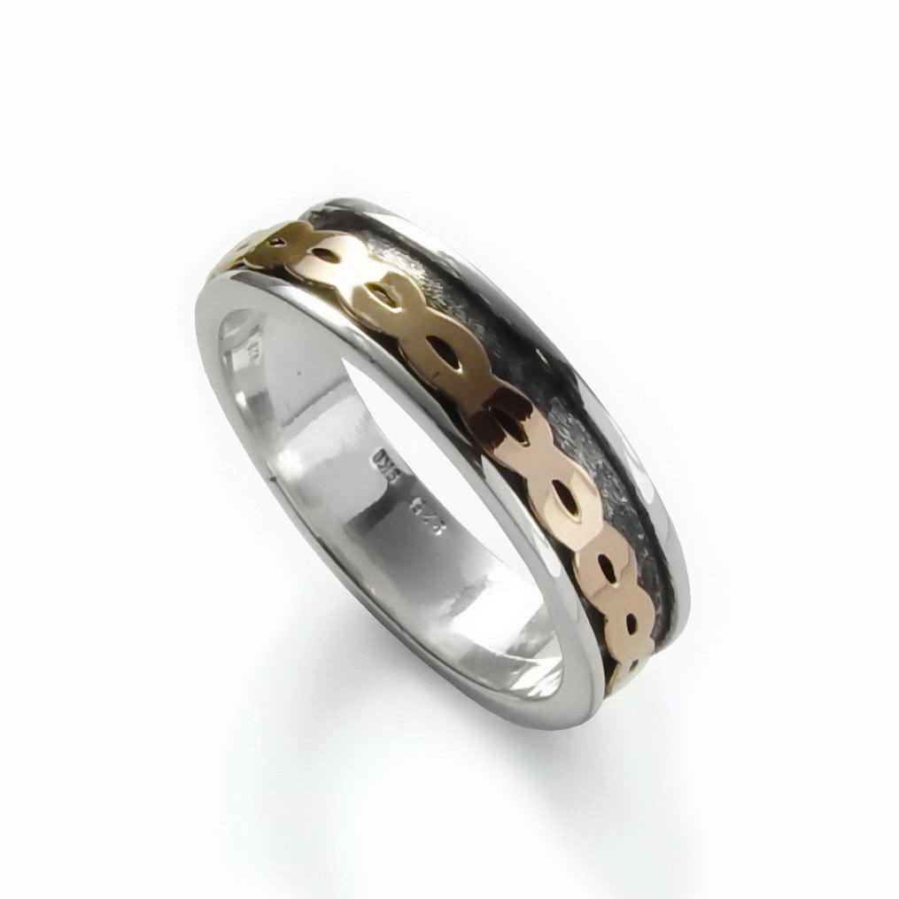 R1079D Silver Ring with Braided Rose Gold Spinner