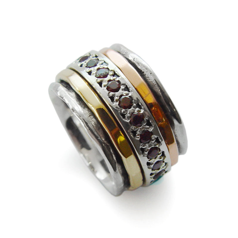 R1075L-2 Two Tone Rustic Ring with Garnet