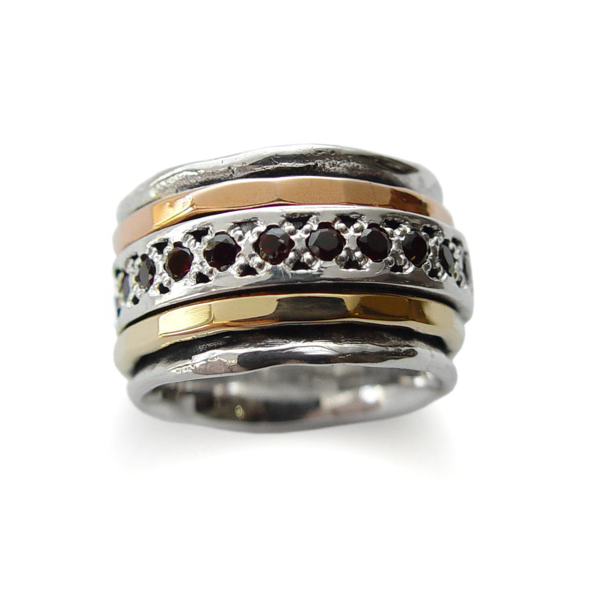 R1075L-2 Two Tone Rustic Ring with Garnet