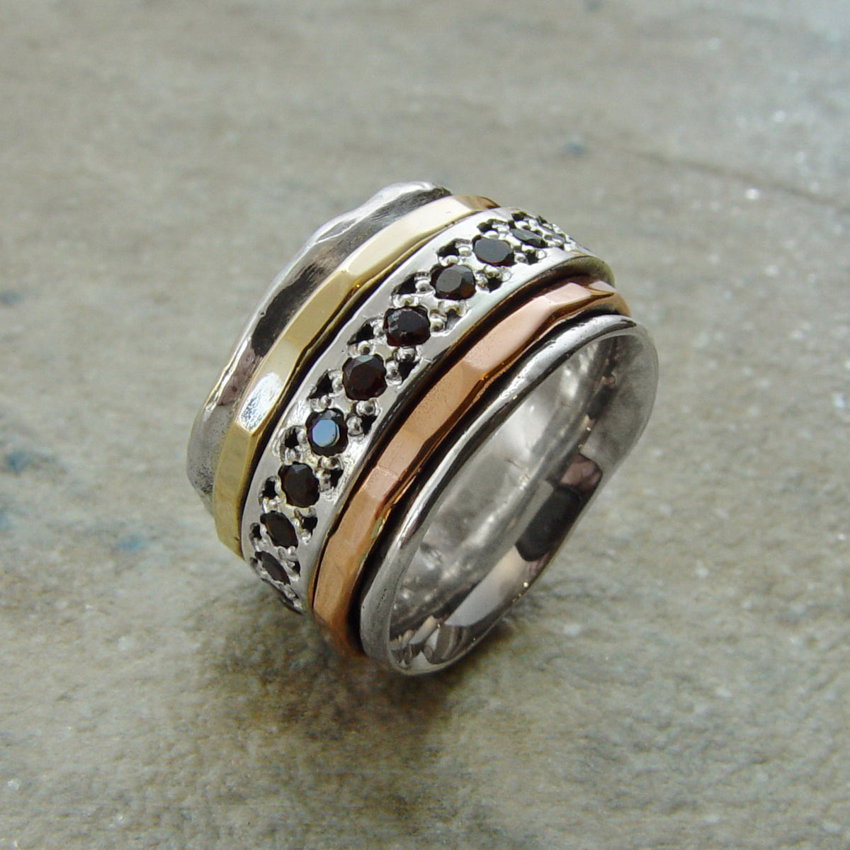 R1075L-2 Two Tone Rustic Ring with Garnet