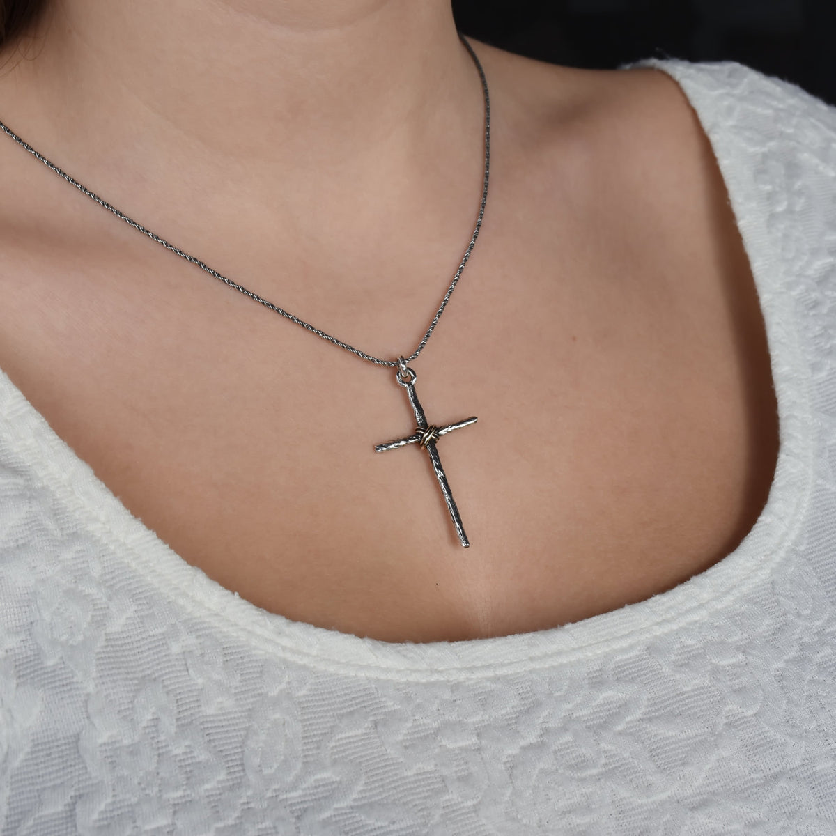 N4750G Textured mixed metals cross pendant necklace