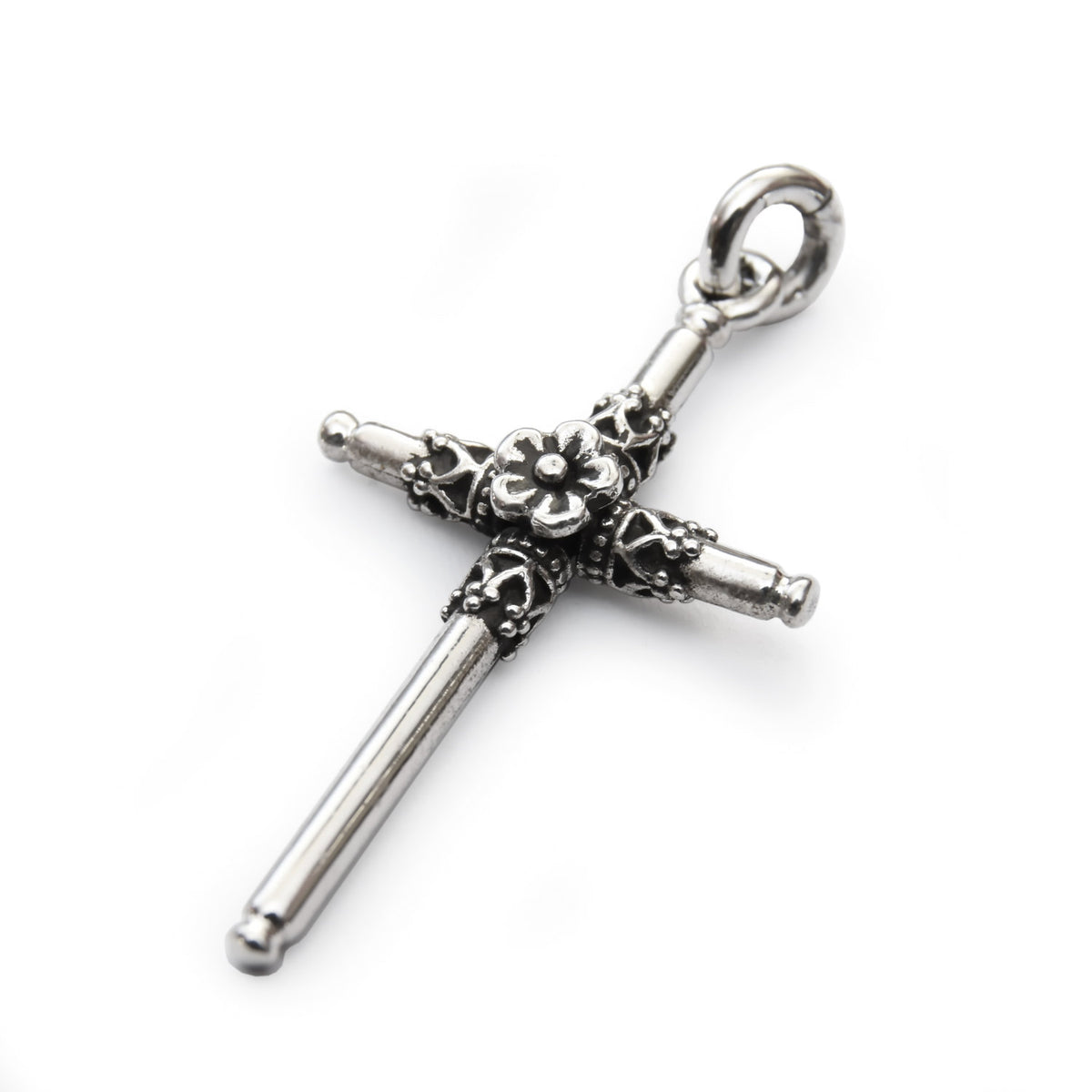 N4749 Silver cross pendant necklace with flower