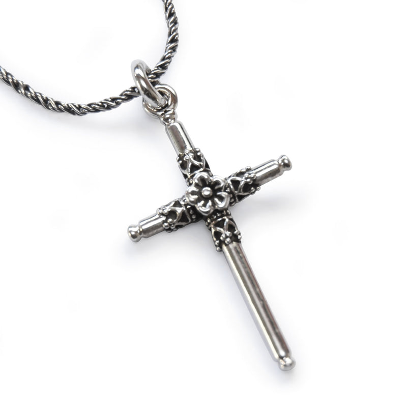 N4749 Silver cross pendant necklace with flower