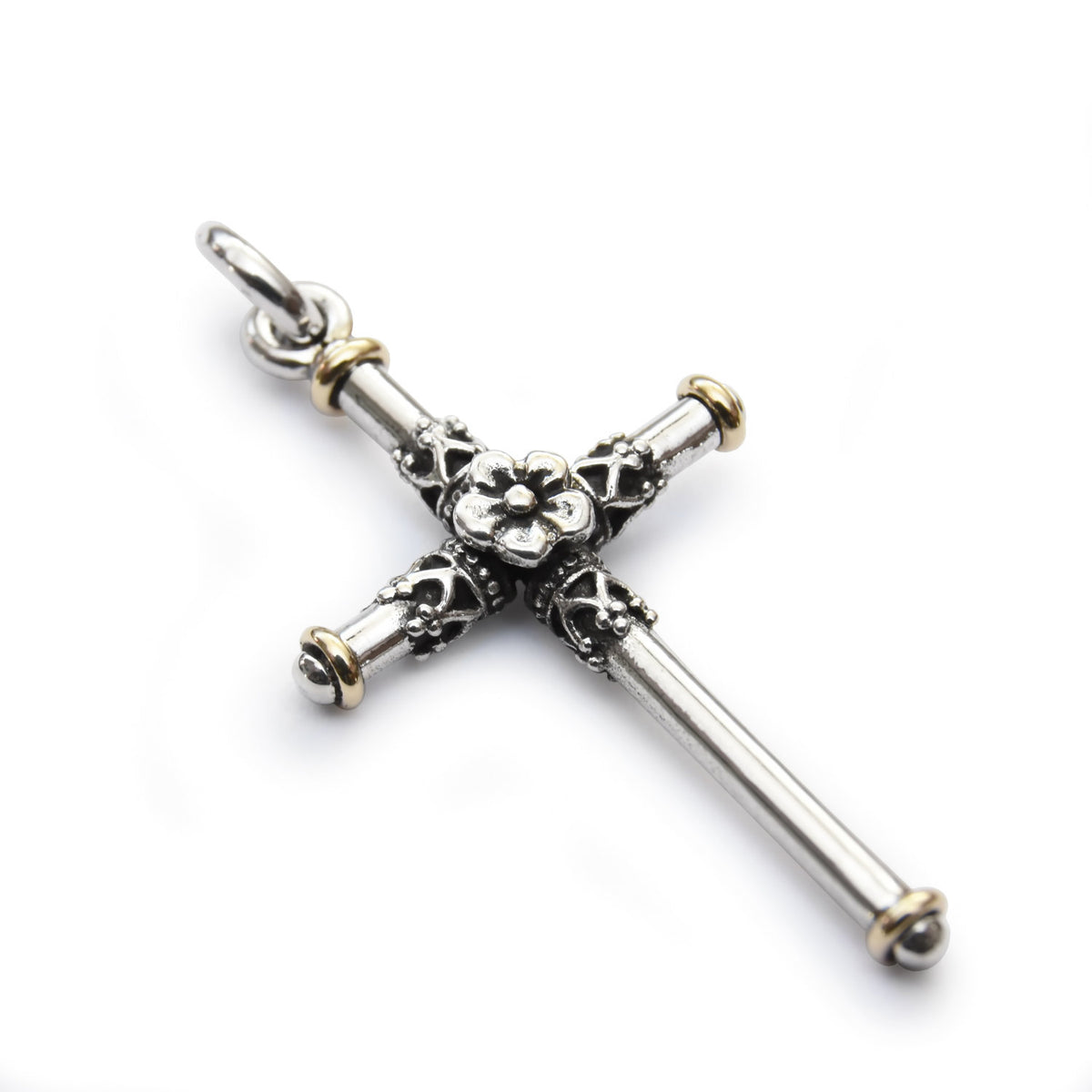 N4749G Silver and Gold cross pendant necklace with flower