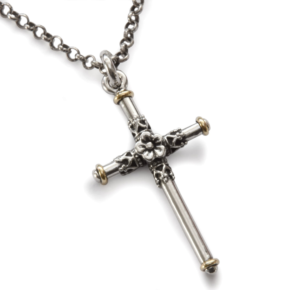 N4749G Silver and Gold cross pendant necklace with flower