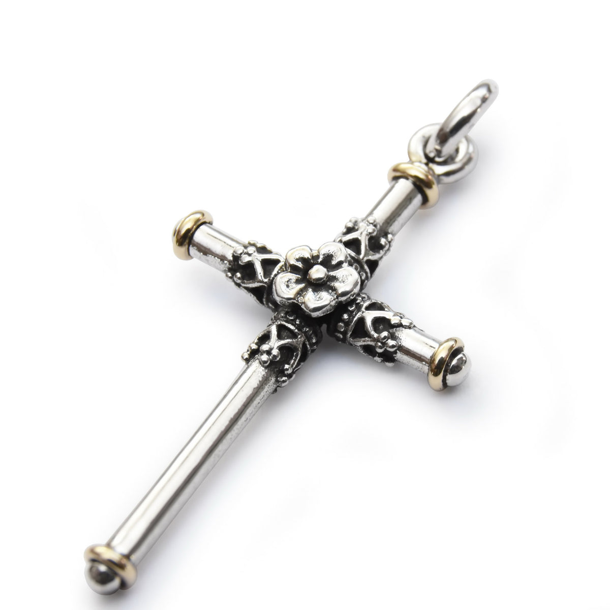 N4749G Silver and Gold cross pendant necklace with flower