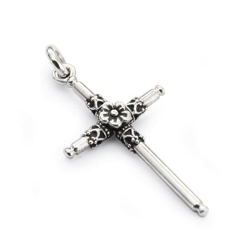 N4749 Silver cross pendant necklace with flower