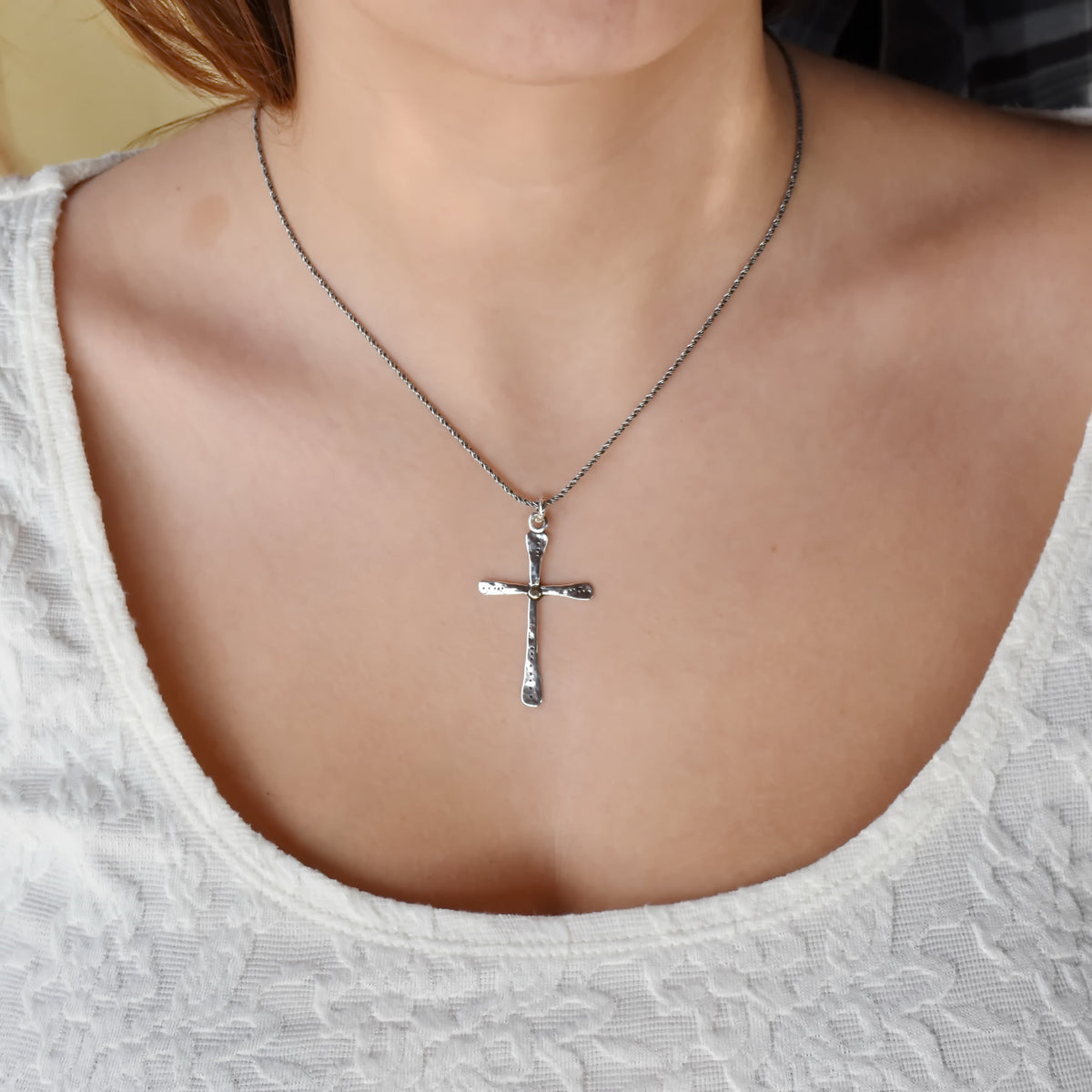 N4751G Hammered Silver and Gold Cross Pendant Necklace