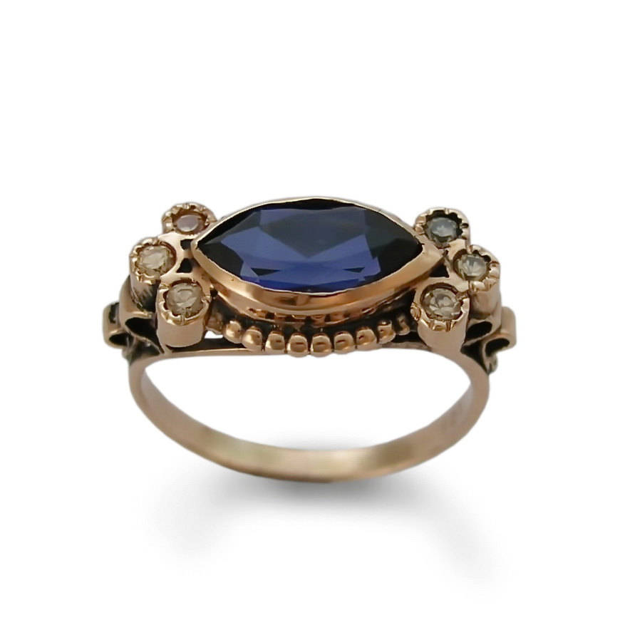 RG1123-1 White Gold Victorian Ring with Marquise Sapphire and Zircons