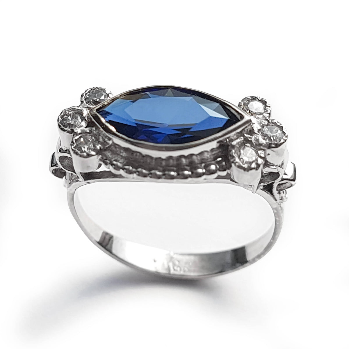 RG1123-1 White Gold Victorian Ring with Marquise Sapphire and Zircons