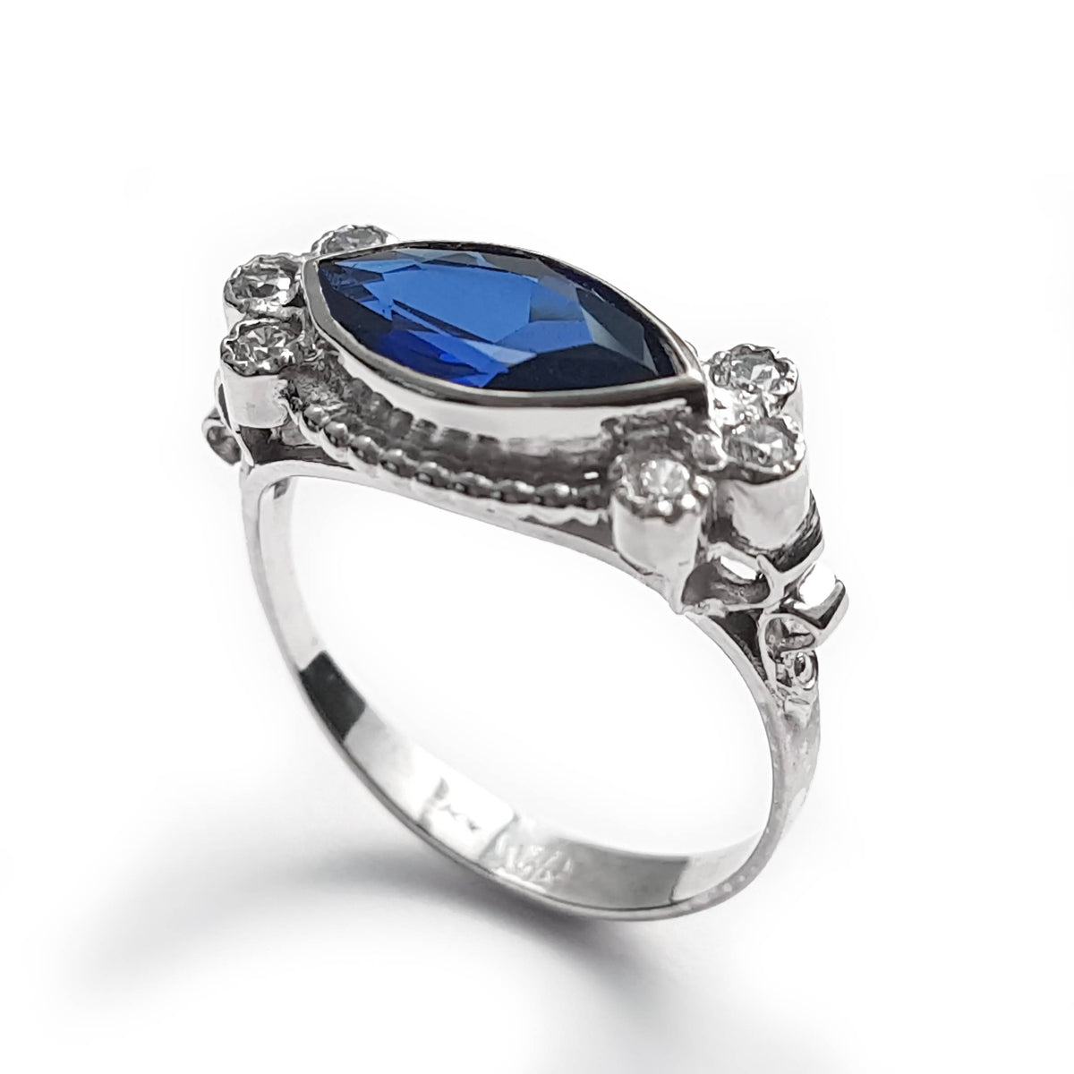 RG1123-1 White Gold Victorian Ring with Marquise Sapphire and Zircons