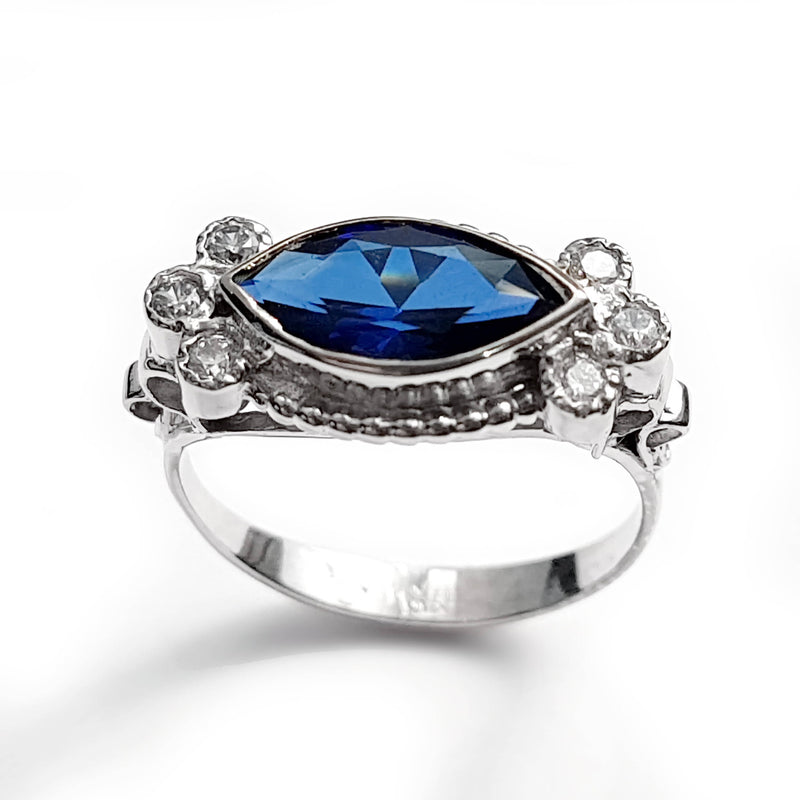 RG1123-1 White Gold Victorian Ring with Marquise Sapphire and Zircons