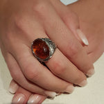 R1771-1 Amber silver flowers ring