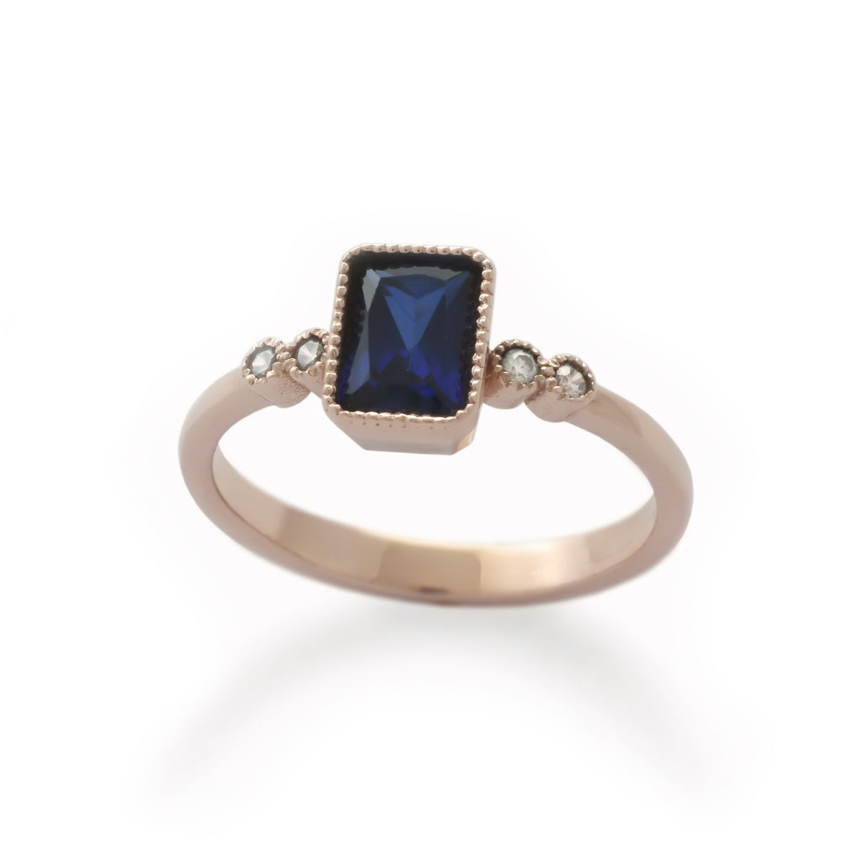 RG1834-2 Rose Gold Ring with Square Blue Sapphire and Zircon Accents