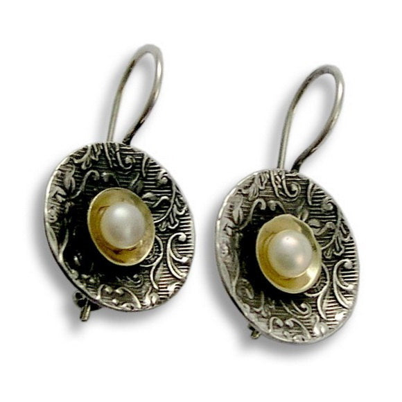 E2089G Floral Silver and Gold Pearl Earrings