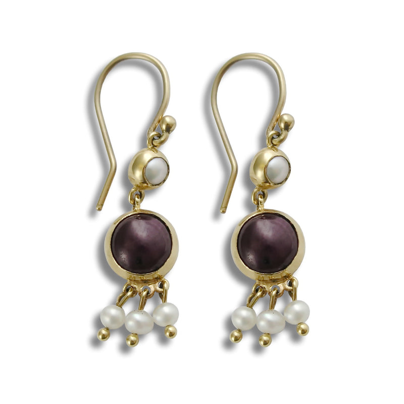 EG0759E Gold chandelier earrings with Ruby and pearls