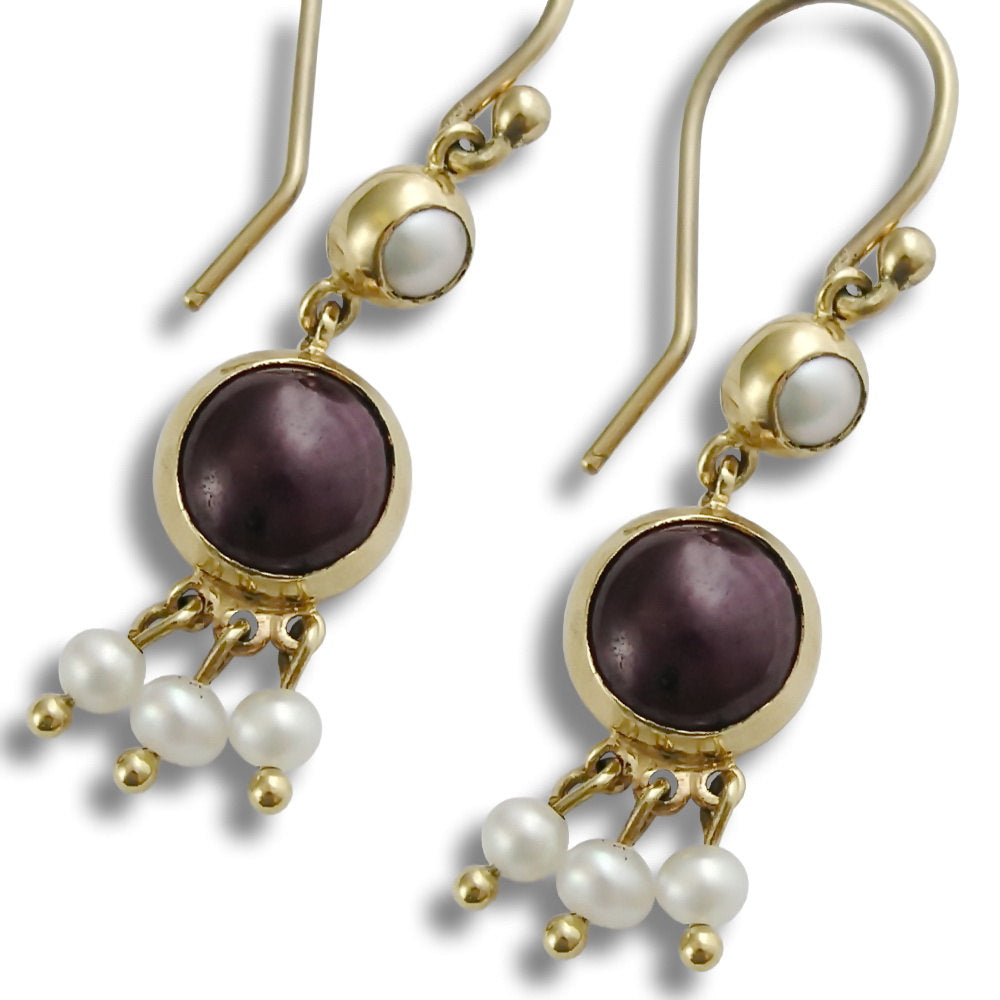 EG0759E Gold chandelier earrings with Ruby and pearls